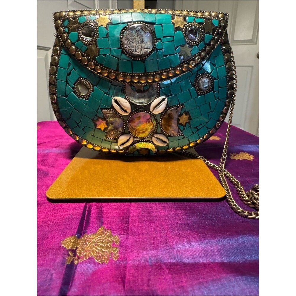 NWOT Handcrafted Indian Turquoise Stone Mosaic Box Clutch Bag